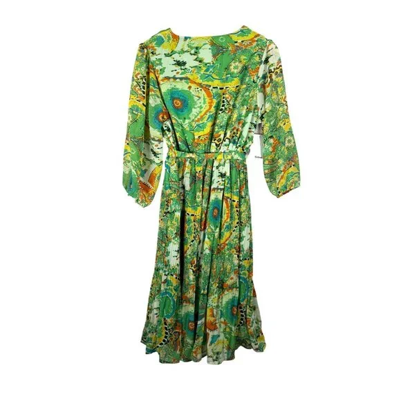 Kindred boho pleated artsy vibrant midi fit flare dress wrap sz L - Picture 4 of 7